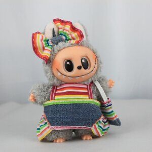 Rainbow & Denim Labubu Outfit with Matching Bow and Purse Handcrafted